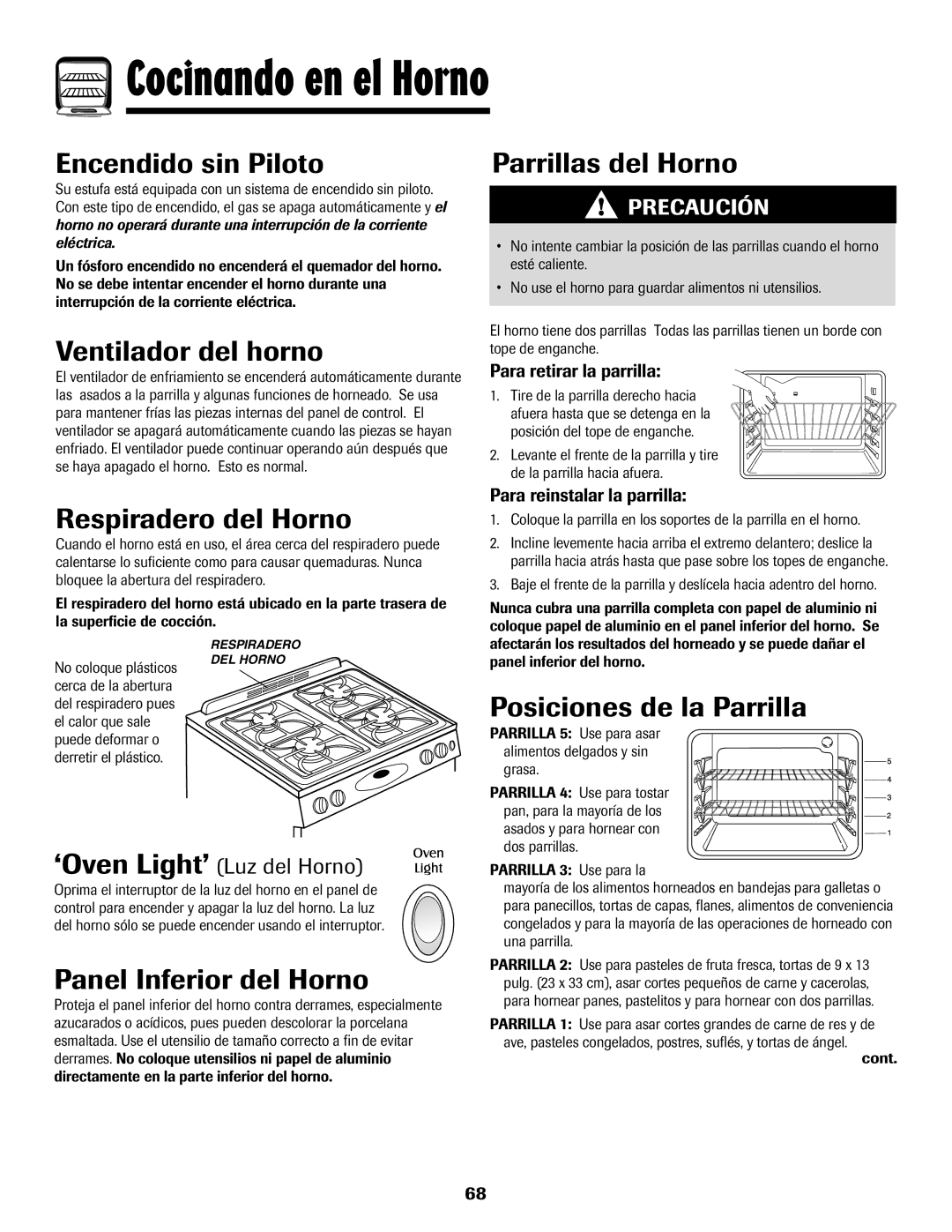 Magic Chef 500 Ventilador del horno, Parrillas del Horno, Respiradero del Horno, Posiciones de la Parrilla 