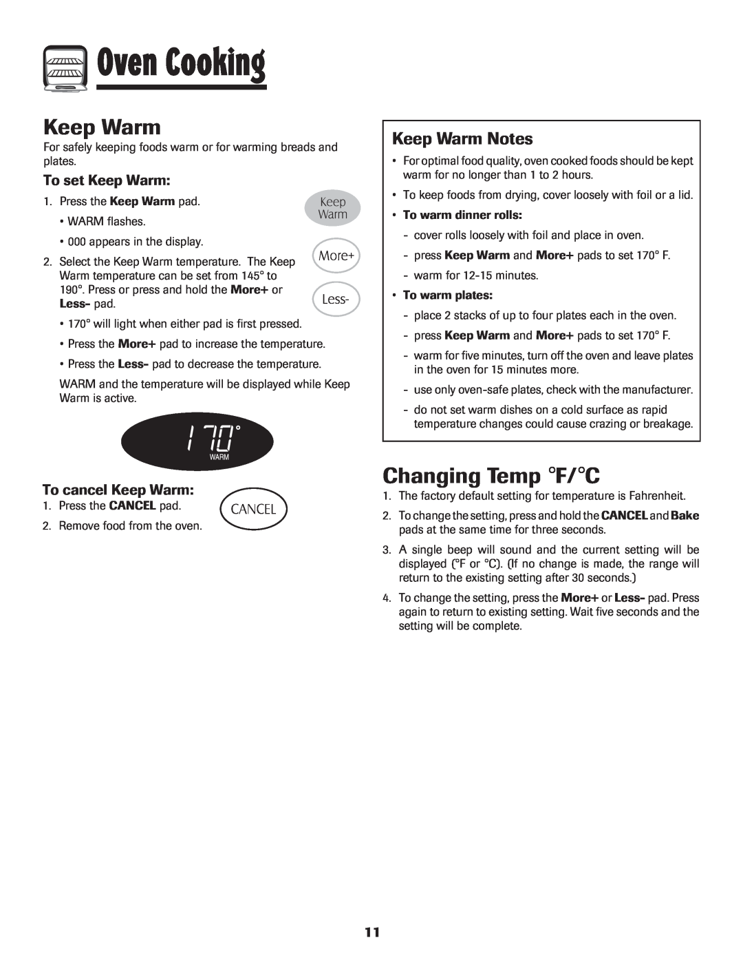 Magic Chef 500 Changing Temp F/C, Keep Warm Notes, To set Keep Warm, To cancel Keep Warm, Oven Cooking 