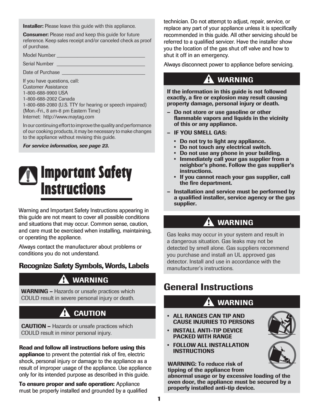 Magic Chef 500 Important Safety, General Instructions, Recognize Safety Symbols, Words, Labels 