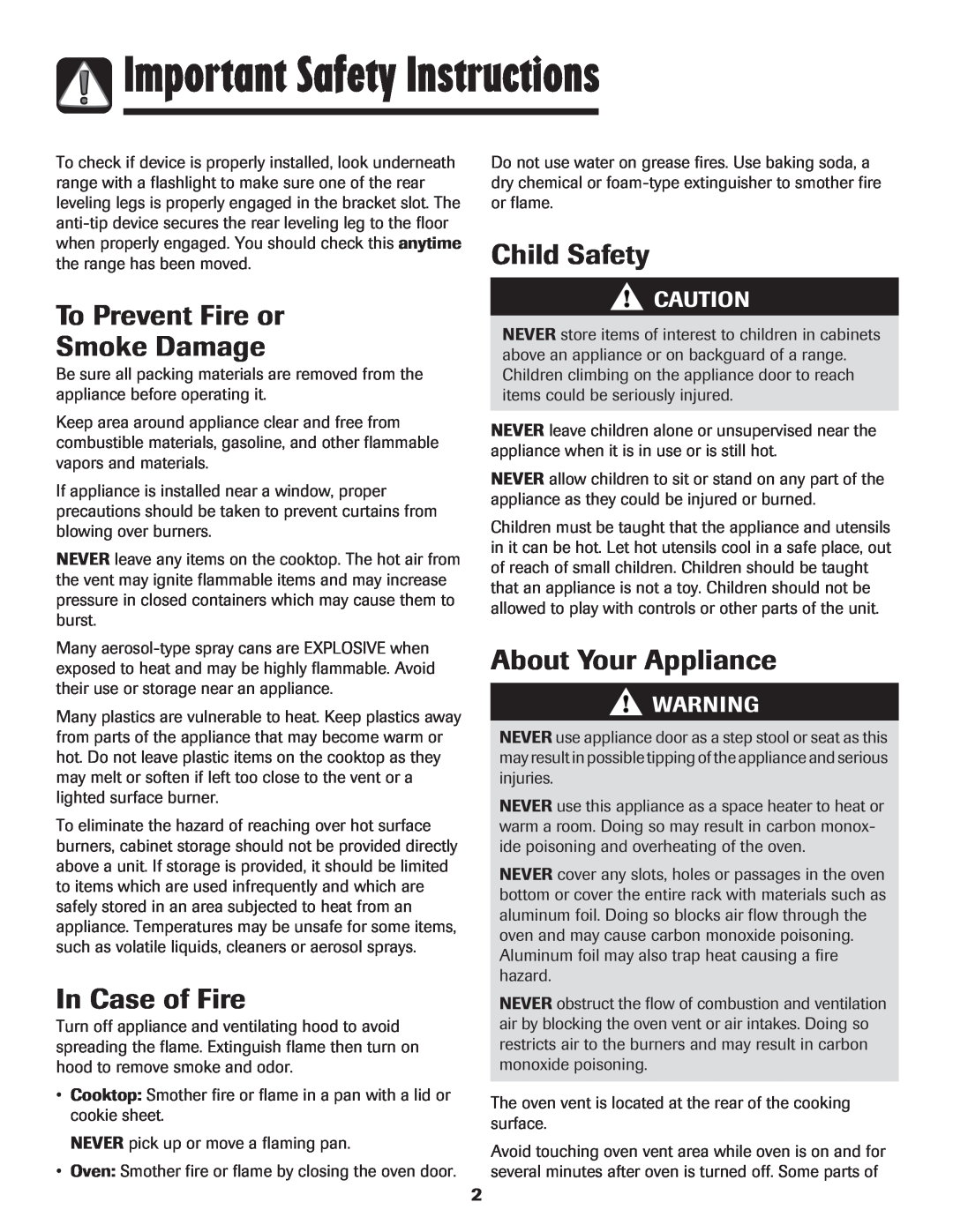 Magic Chef 500 Important Safety Instructions, To Prevent Fire or Smoke Damage, In Case of Fire, Child Safety 