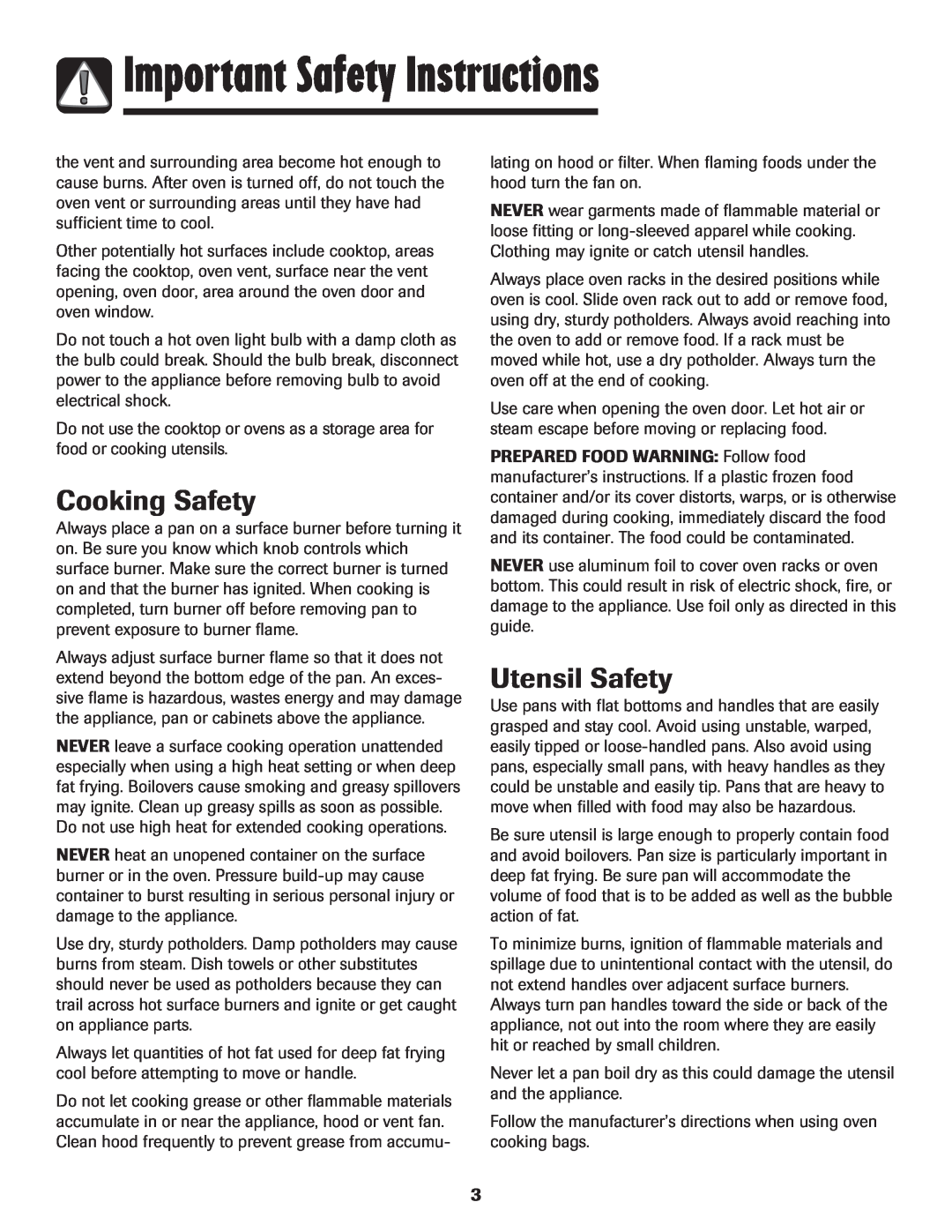 Magic Chef 500 important safety instructions Cooking Safety, Utensil Safety, Important Safety Instructions 
