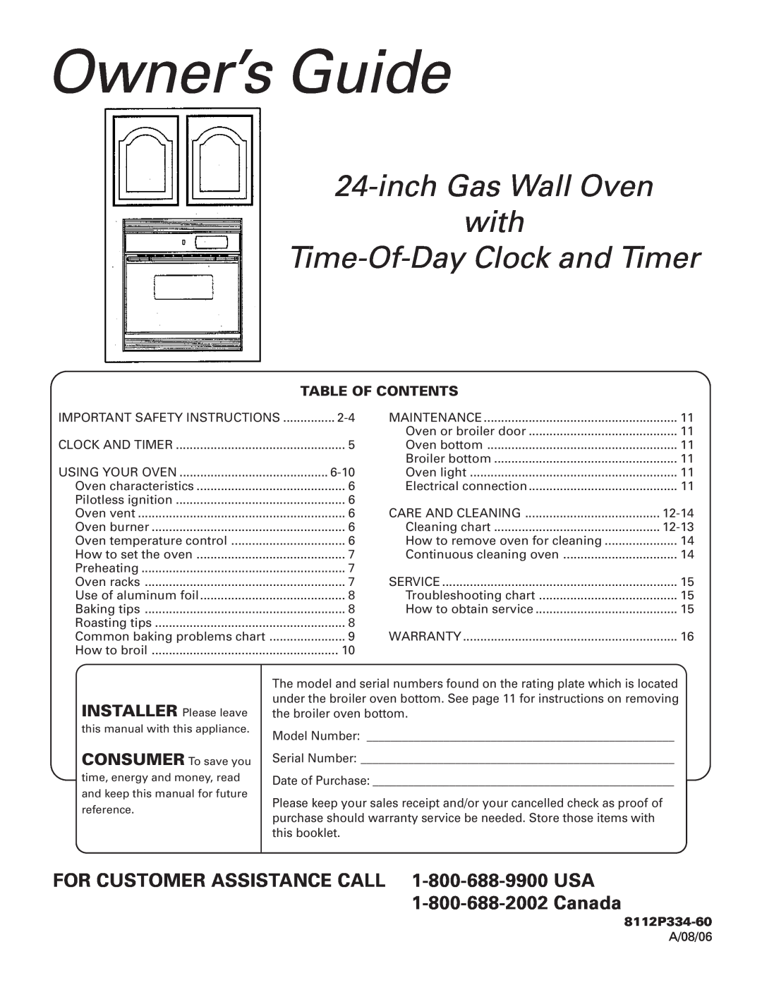 Magic Chef 9112 Gas important safety instructions Table Of Contents, Owner’s Guide, inchGas Wall Oven with, 8112P334-60 