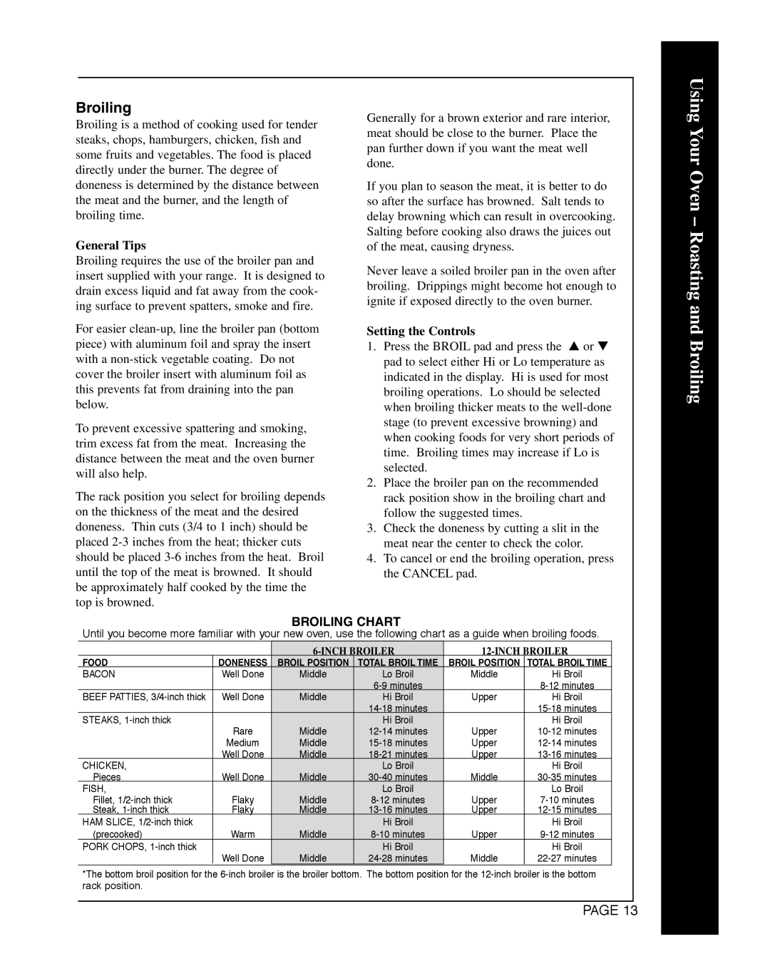 Magic Chef CWG3600AAB manual Using Your Oven Roasting and Broiling, General Tips, Setting the Controls 