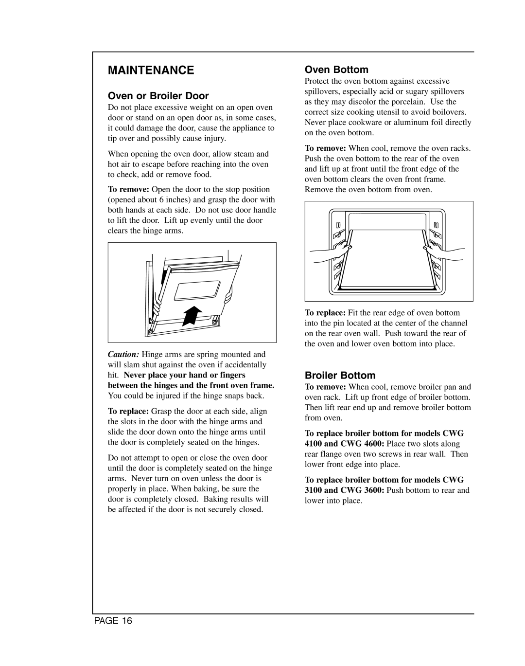 Magic Chef CWG3600AAB manual Oven or Broiler Door, Oven Bottom, Broiler Bottom 