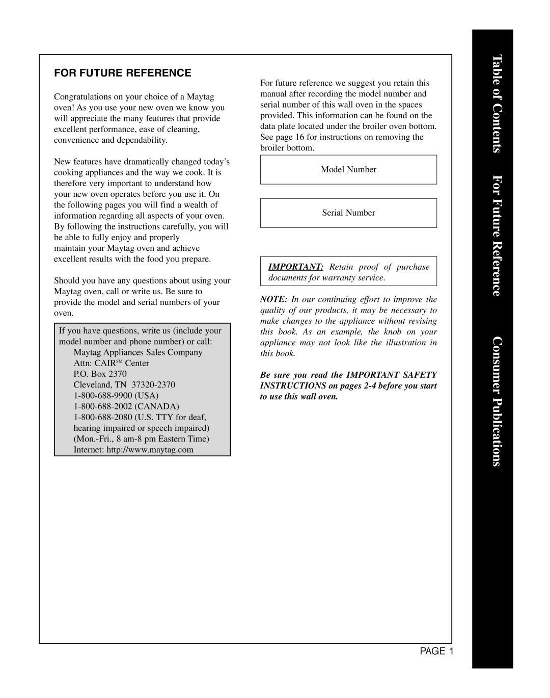 Magic Chef CWG3600AAB manual Table of Contents For Future Reference Consumer Publications 