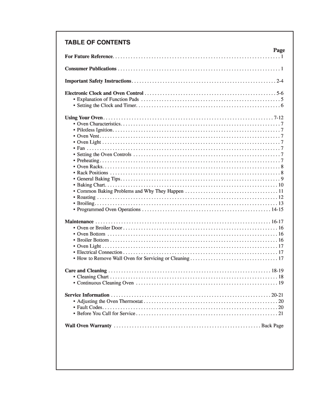 Magic Chef CWG3600AAB manual Table Of Contents, Page 