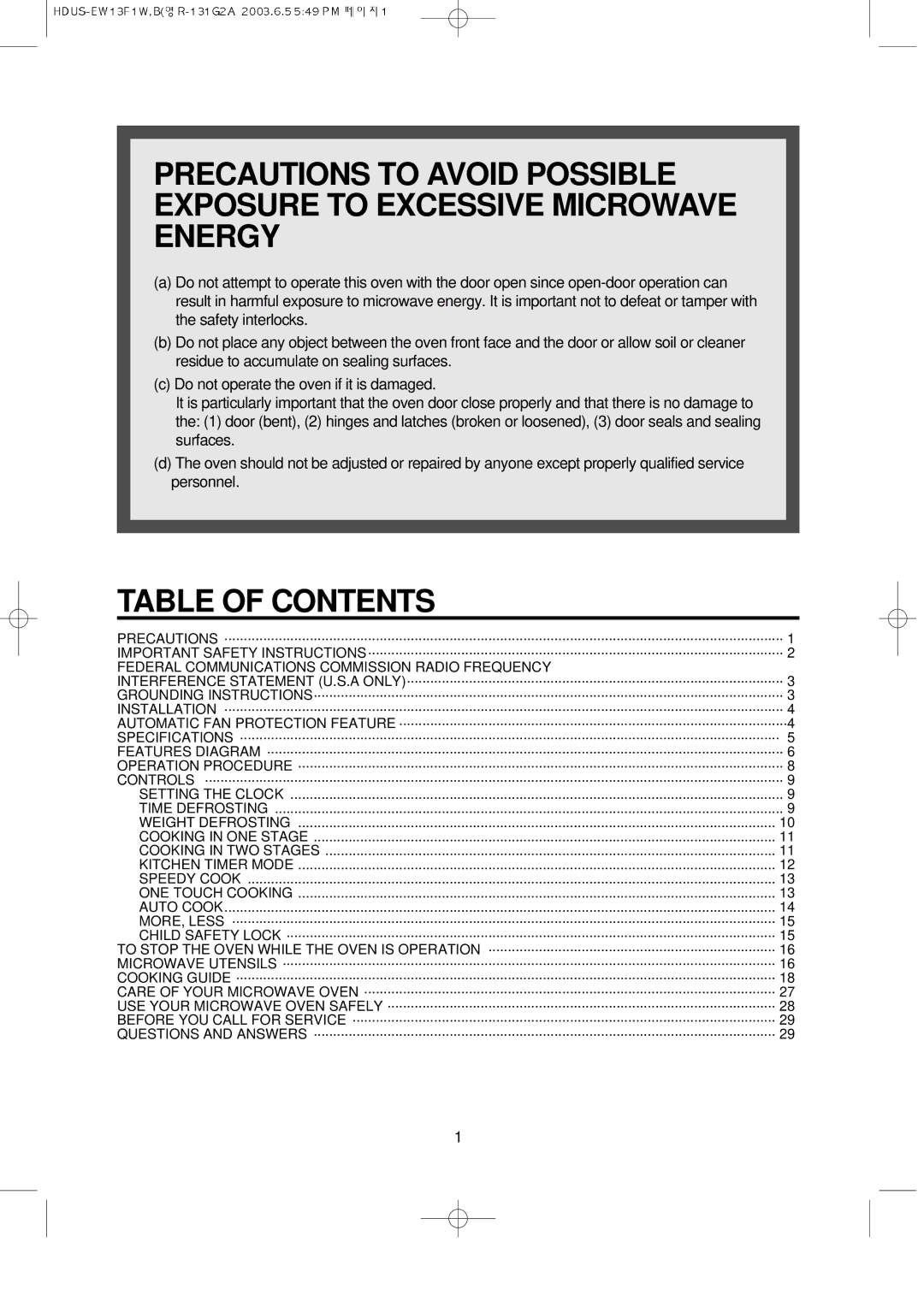 Magic Chef EW13F1W, EW13F1B instruction manual Table of Contents 