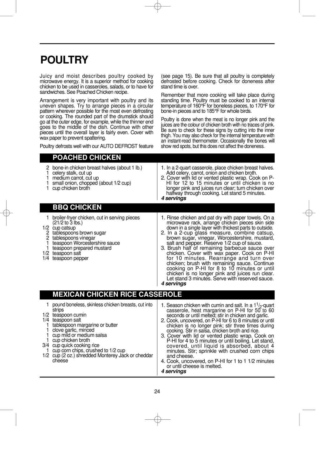 Magic Chef EW13F1B, EW13F1W instruction manual Poultry, Poached Chicken, BBQ Chicken, Mexican Chicken Rice Casserole 