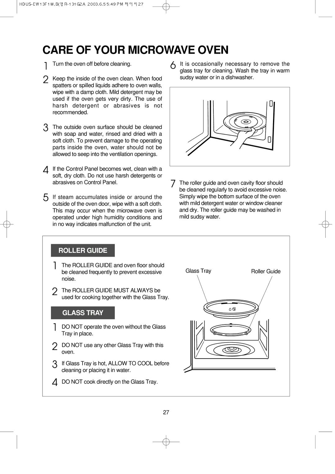 Magic Chef EW13F1W, EW13F1B instruction manual Care of Your Microwave Oven, Roller Guide and oven floor should Glass Tray 