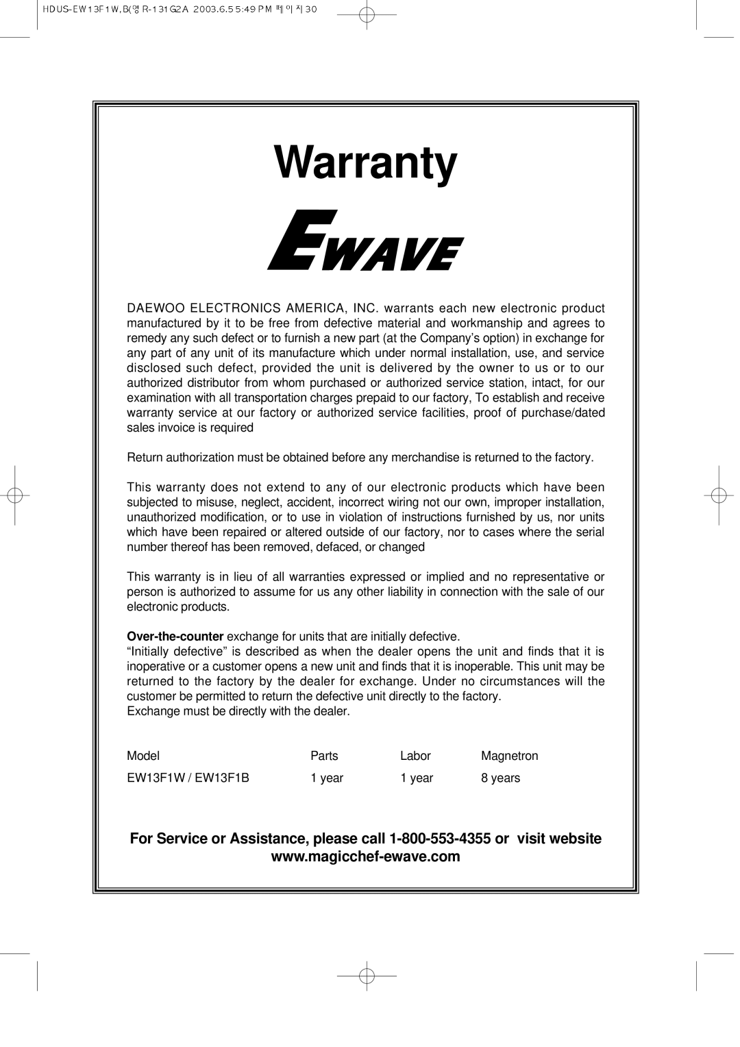 Magic Chef EW13F1B, EW13F1W instruction manual Warranty 