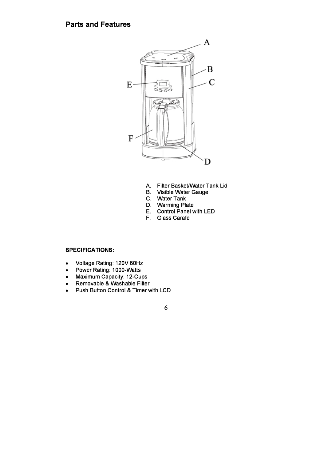 Magic Chef EWCM11TS12 Parts and Features, A. Filter Basket/Water Tank Lid B. Visible Water Gauge C. Water Tank 