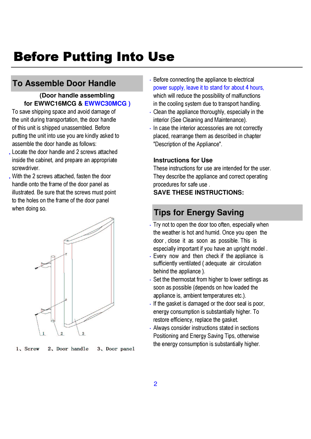 Magic Chef EWWC16MCG, EWWC30MCG warranty To Assemble Door Handle, Tips for Energy Saving 