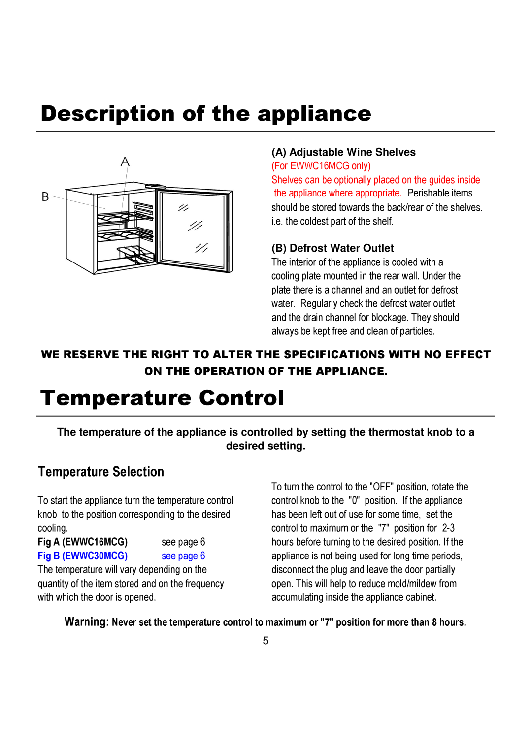 Magic Chef EWWC30MCG, EWWC16MCG warranty Description of the appliance, Temperature Control, Temperature Selection 