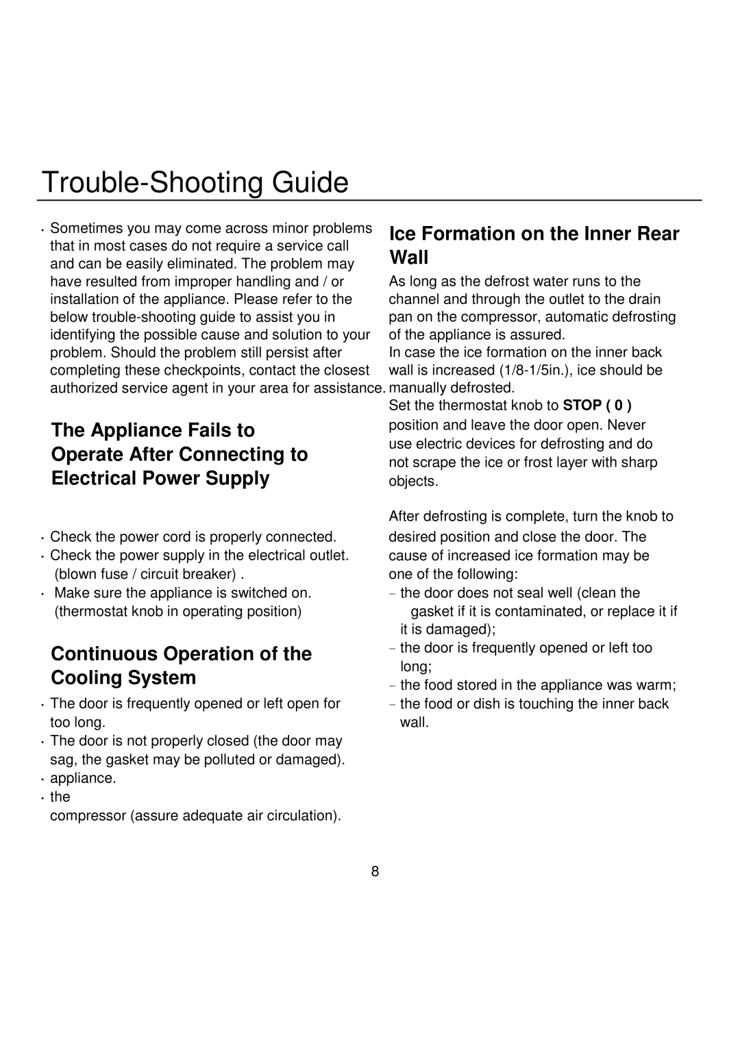 Magic Chef EWWC16MCG, EWWC30MCG warranty Trouble-Shooting Guide, Wall 