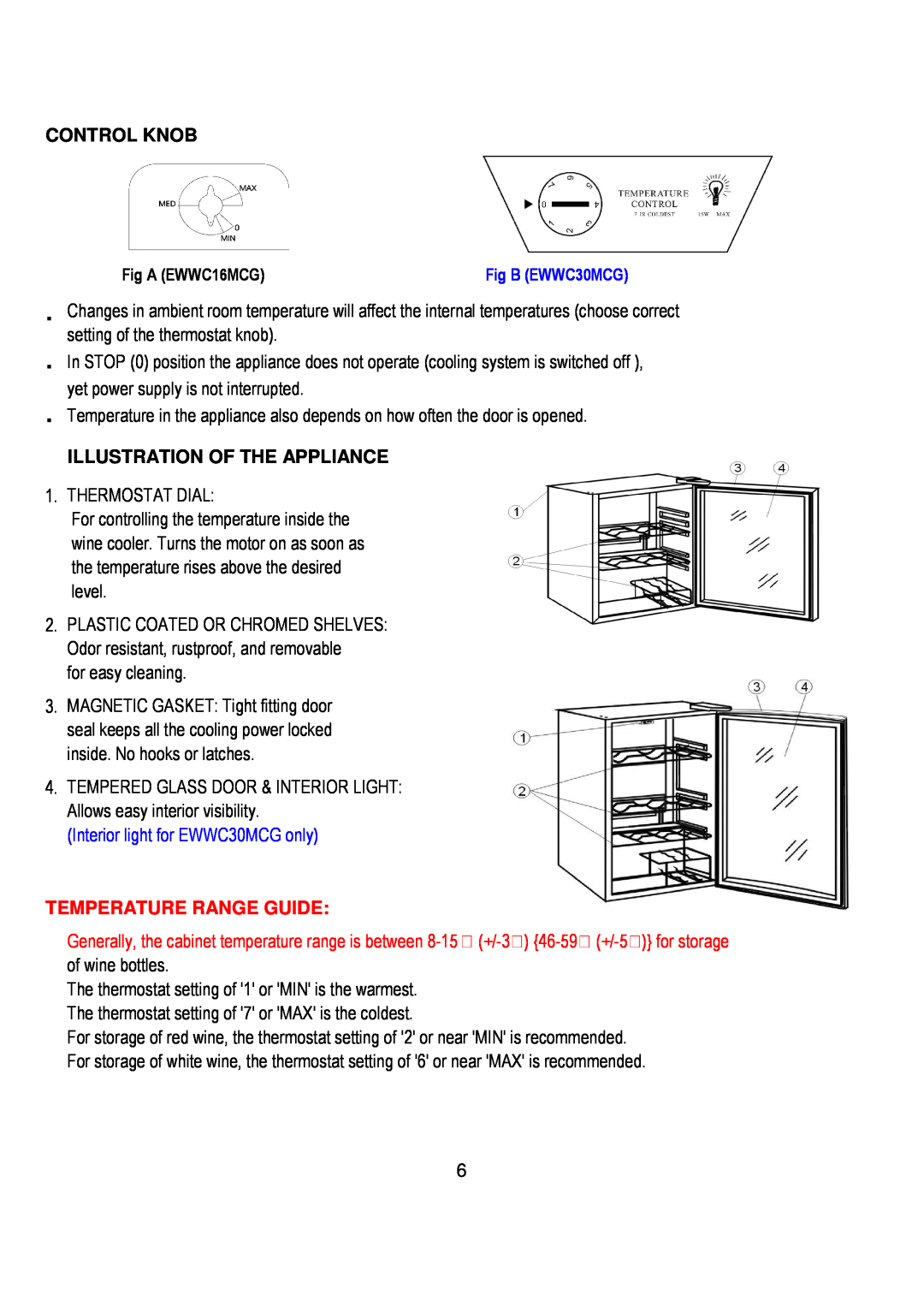 Magic Chef EWWC16MCG warranty Control Knob, Illustration Of The Appliance, Interior light for EWWC30MCG only 