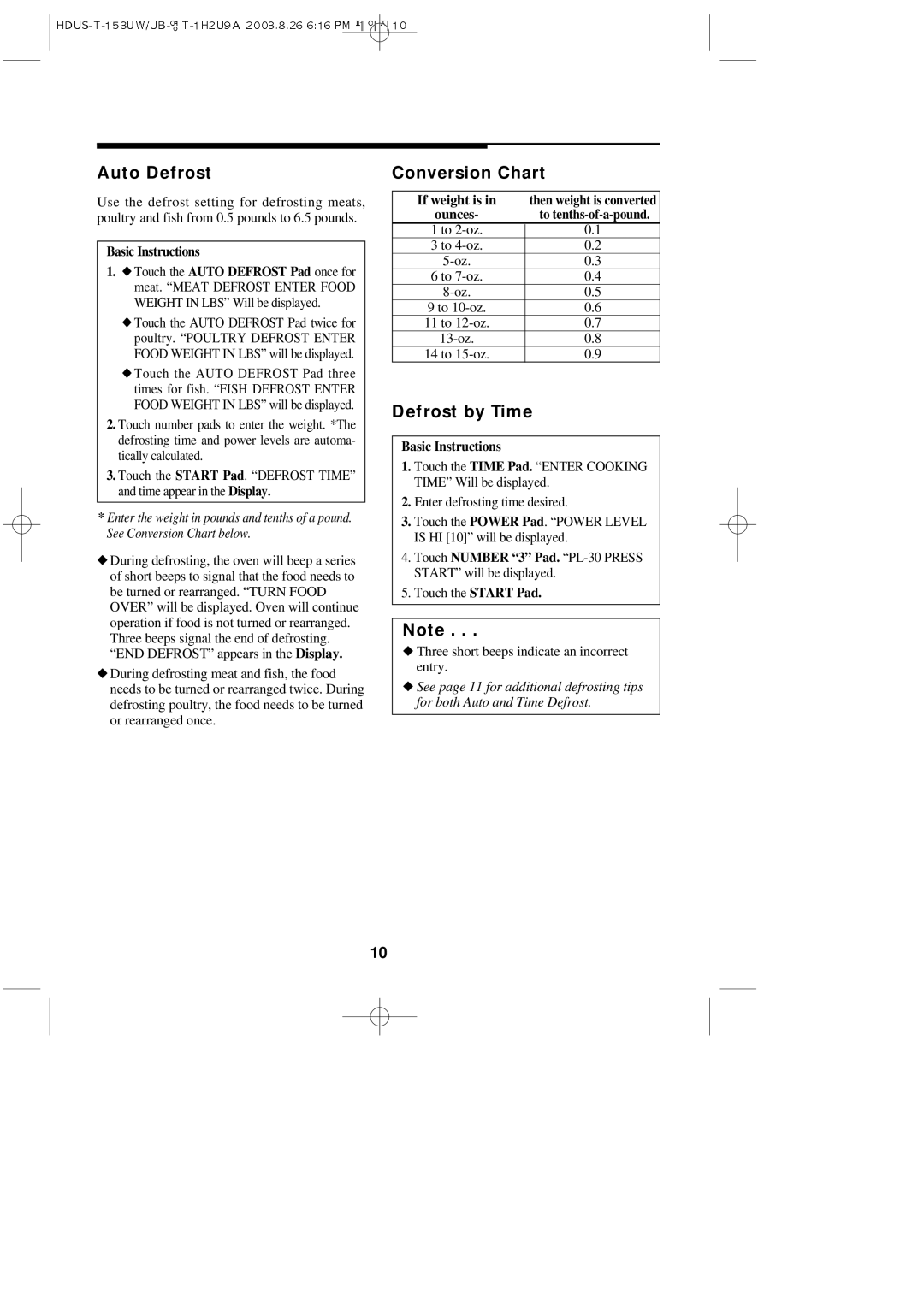 Magic Chef KOT-153UB, KOT-153UW important safety instructions Auto Defrost Conversion Chart, Defrost by Time, If weight is 