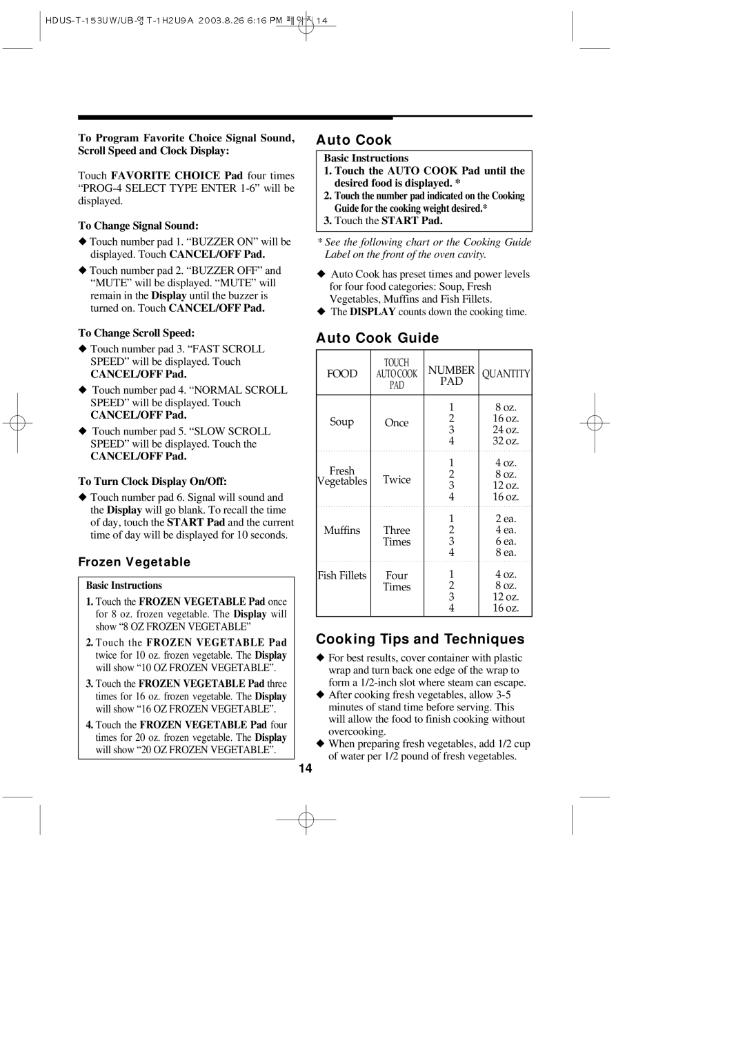 Magic Chef KOT-153UB, KOT-153UW important safety instructions Auto Cook Guide, Cooking Tips and Techniques 