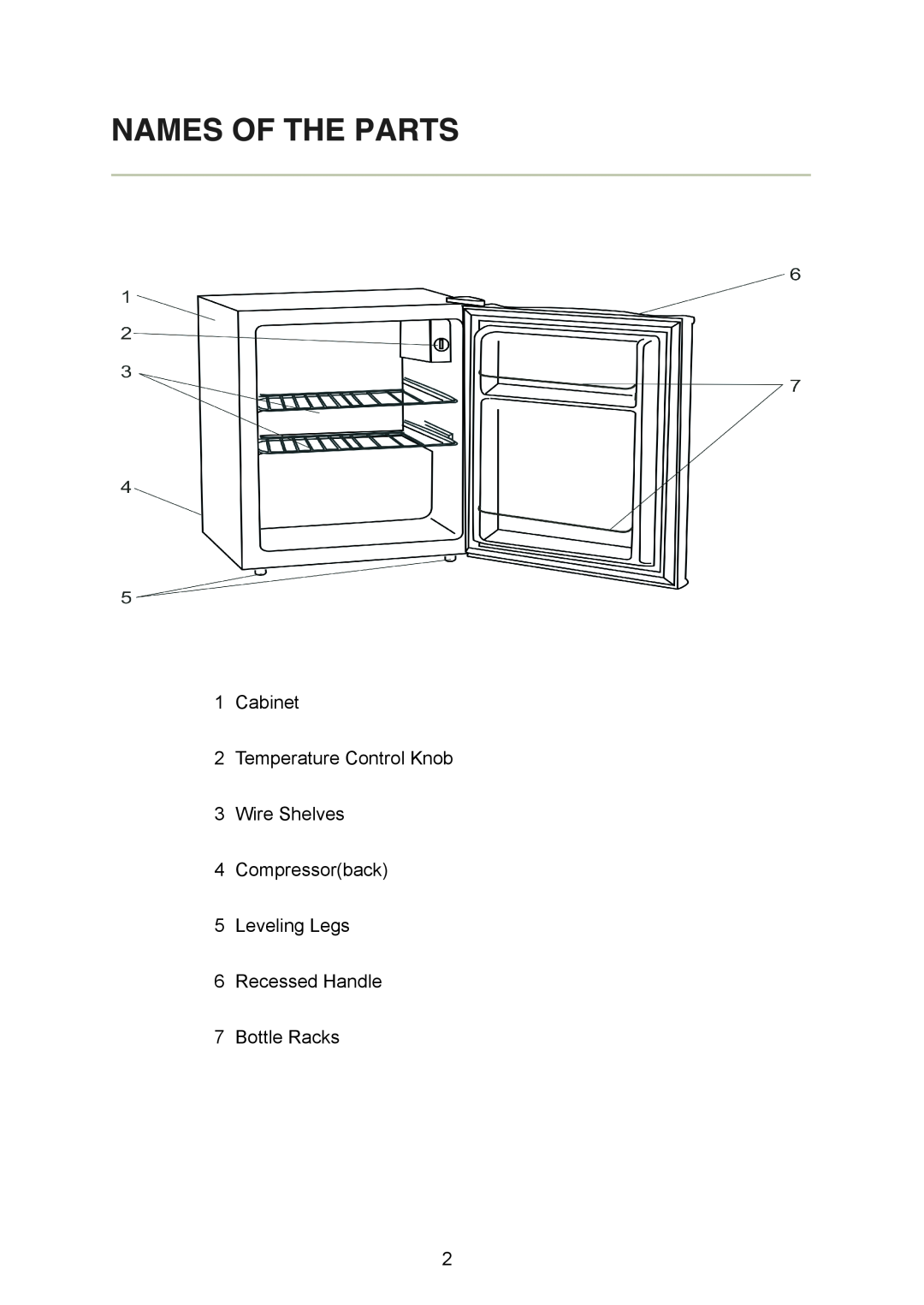 Magic Chef MCAR240B manual Cabinet 2Temperature Control Knob, Wire Shelves 4 Compressorback 5 Leveling Legs 