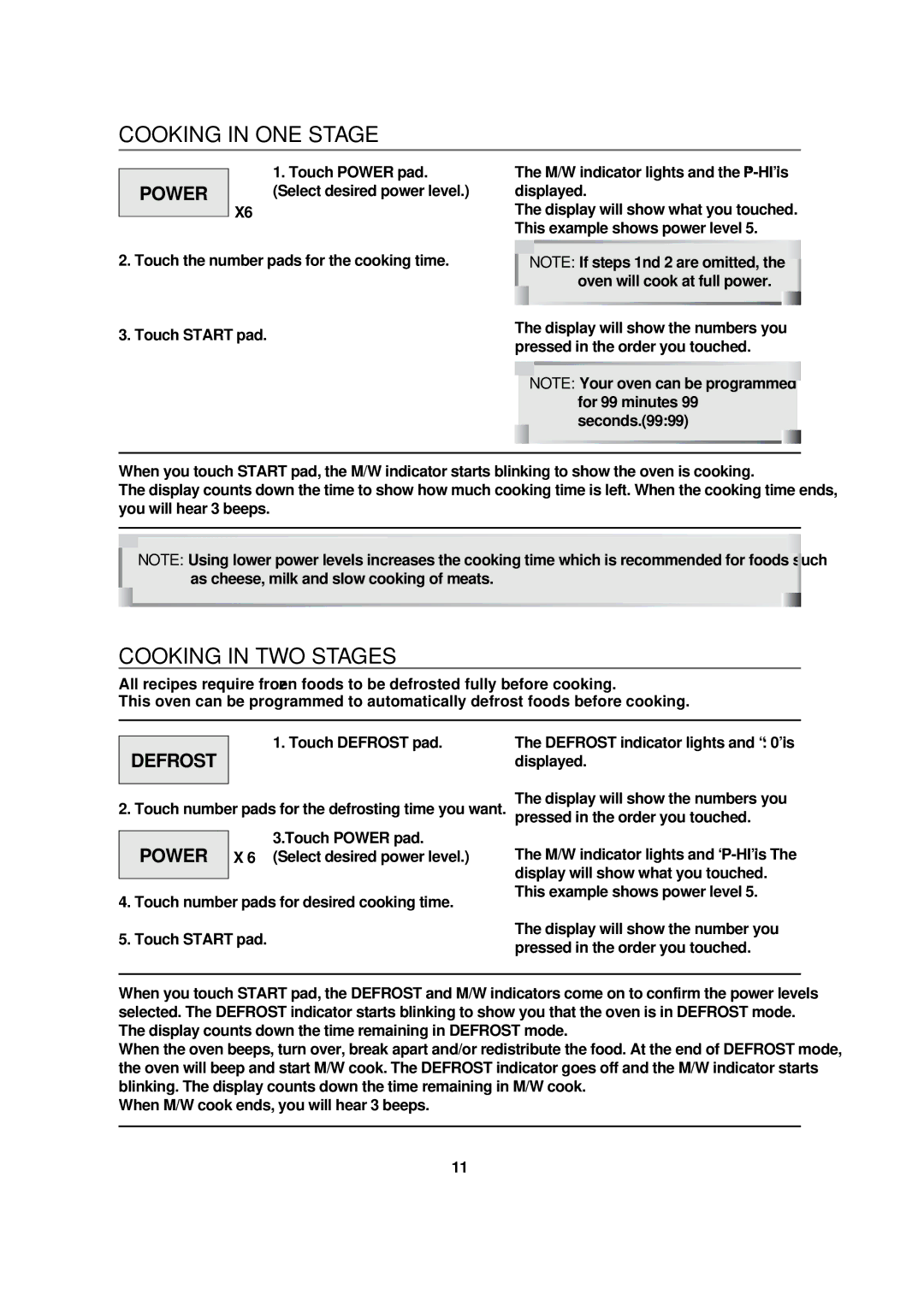 Magic Chef MCB1110B instruction manual Cooking in ONE Stage, Cooking in TWO Stages, Power 