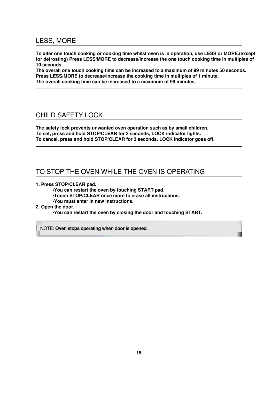 Magic Chef MCB1110B instruction manual LESS, More, Child Safety Lock, To Stop the Oven While the Oven is Operating 