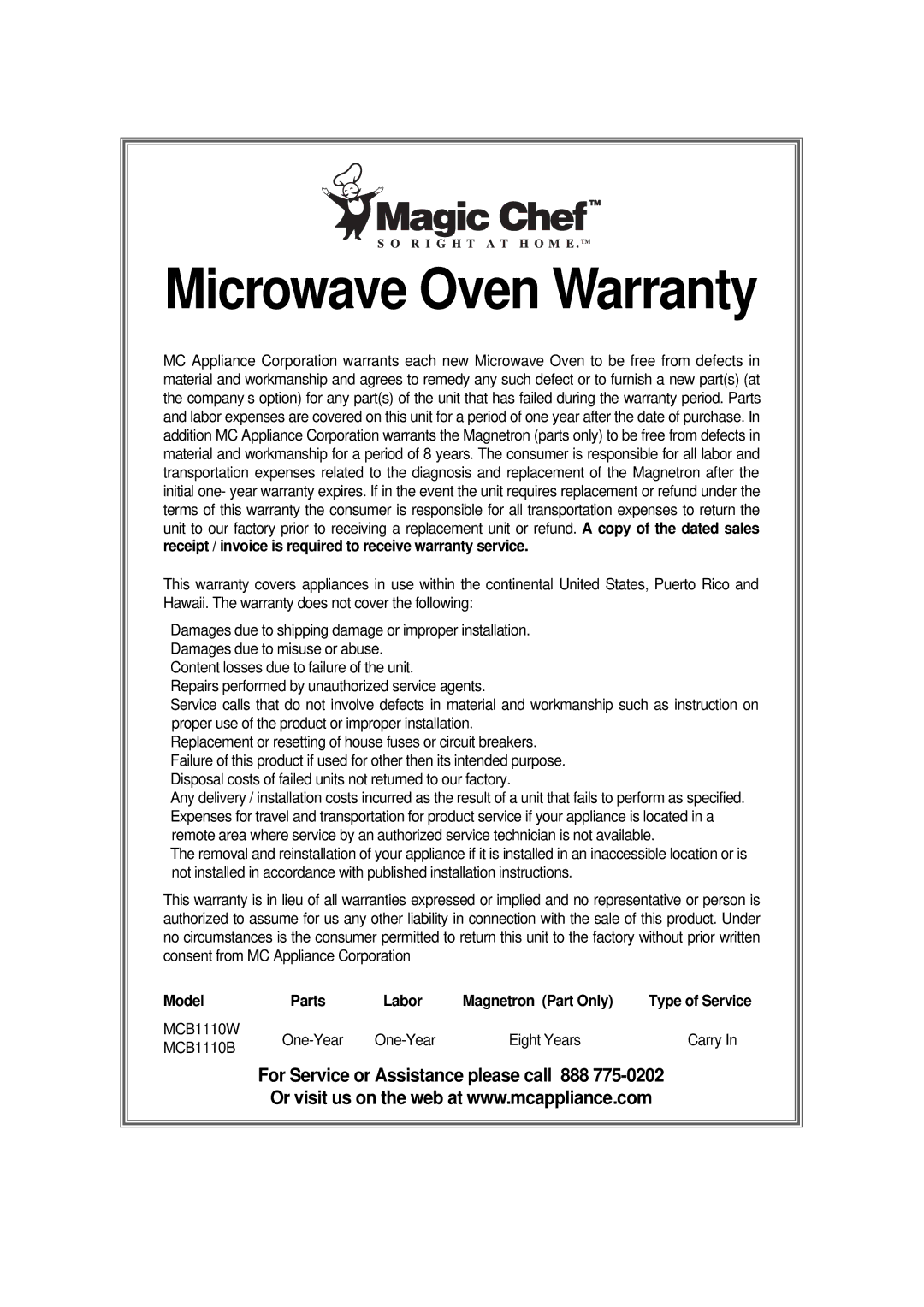 Magic Chef MCB1110B instruction manual Microwave Oven Warranty 