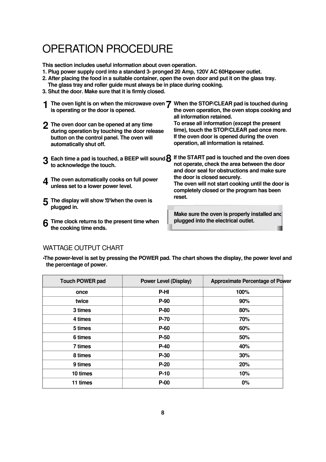 Magic Chef MCB1110B instruction manual Operation Procedure, Wattage Output Chart 