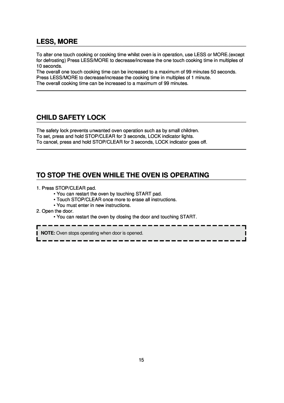 Magic Chef MCB1110B instruction manual Less, More, Child Safety Lock, To Stop The Oven While The Oven Is Operating 