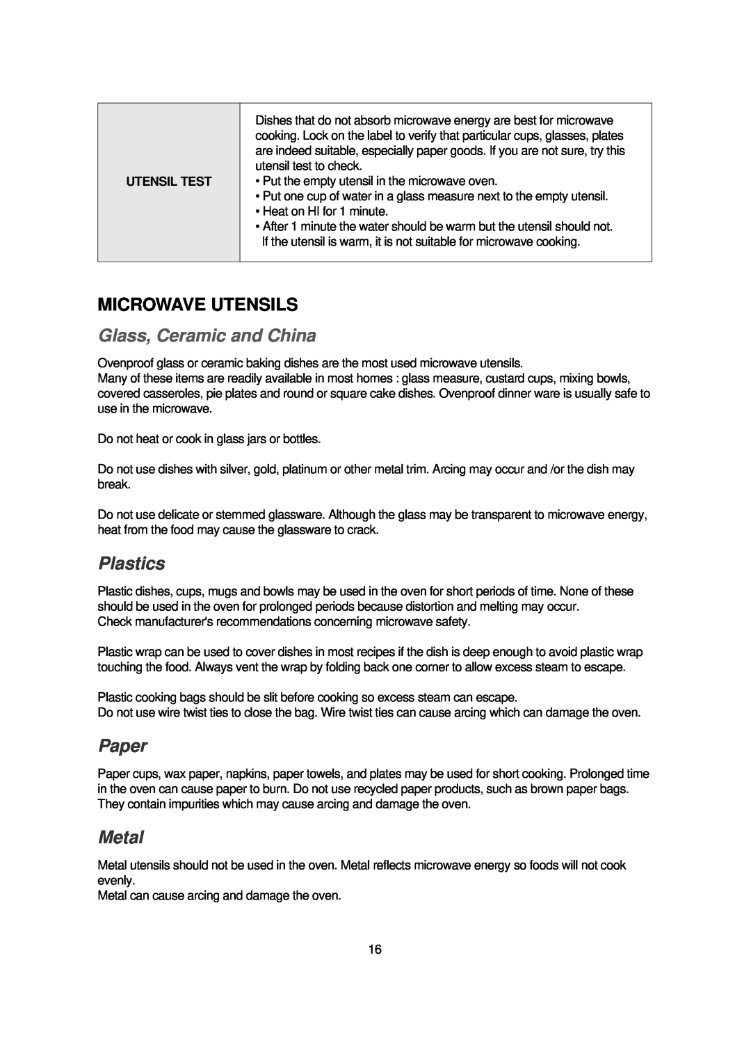 Magic Chef MCB1110B instruction manual Microwave Utensils, Utensil Test, Glass, Ceramic and China, Plastics, Paper, Metal 