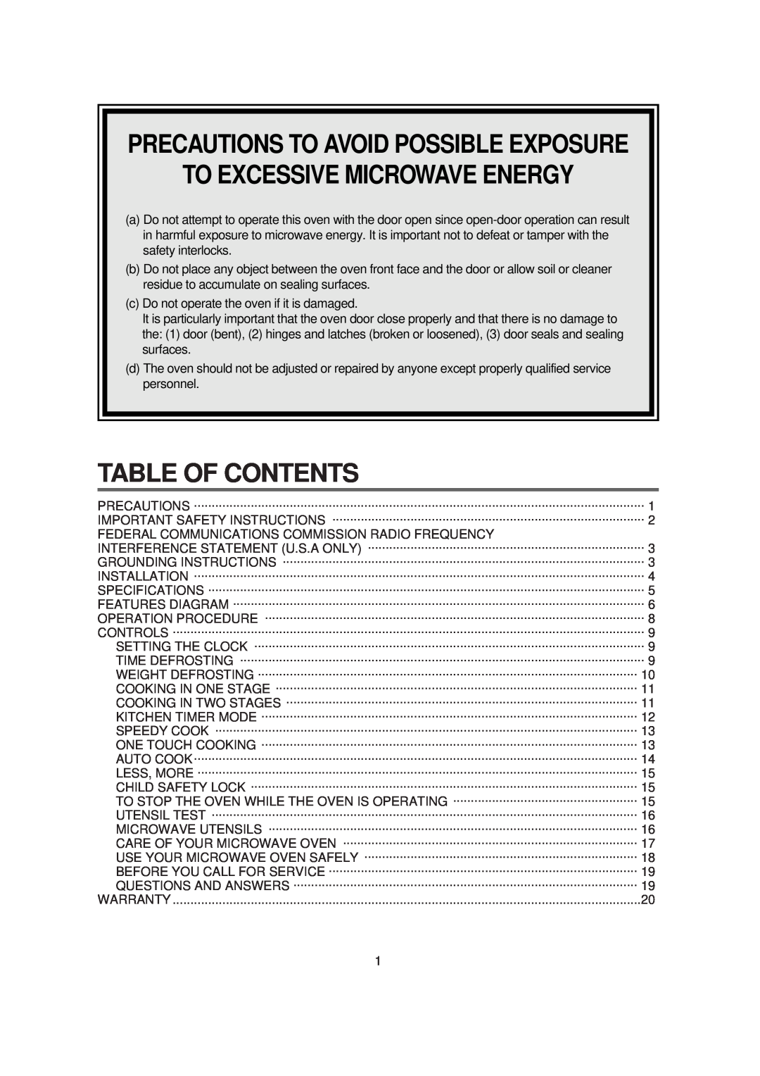 Magic Chef MCB1110B Precautions To Avoid Possible Exposure, To Excessive Microwave Energy, Table Of Contents 