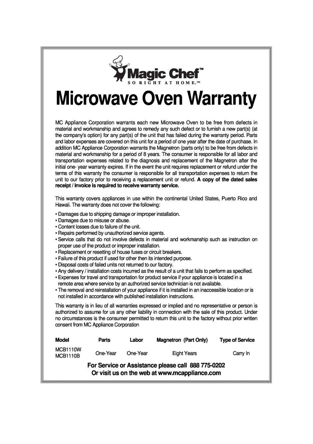 Magic Chef MCB1110B instruction manual Model, Parts, Labor, Magnetron Part Only, Microwave Oven Warranty 