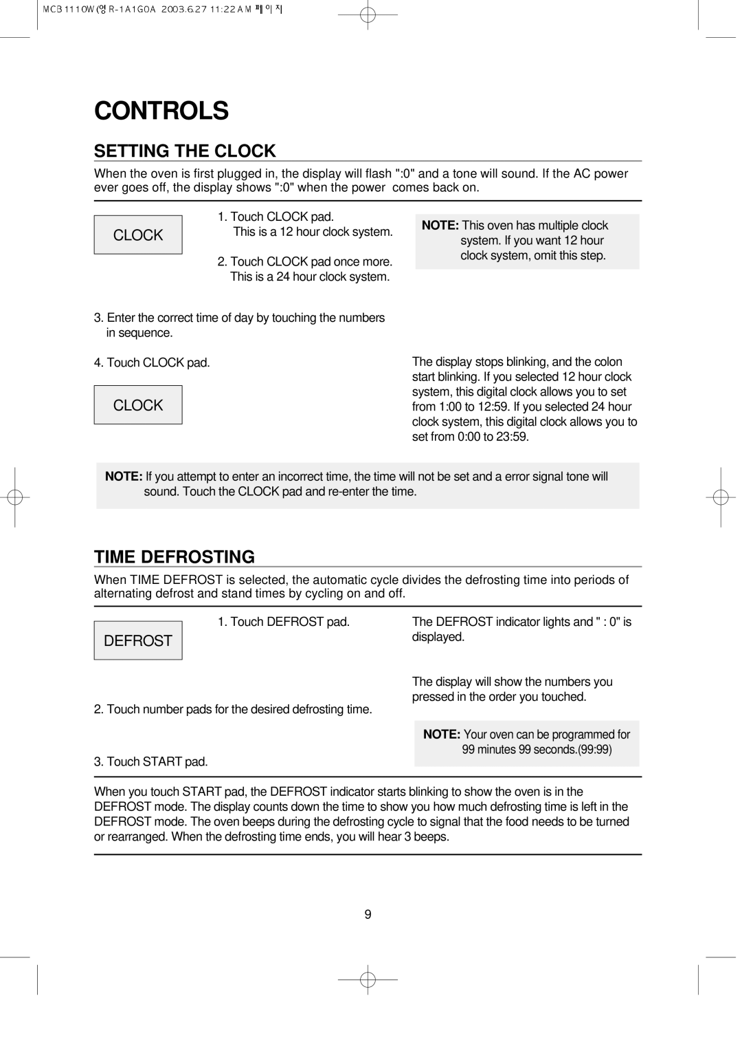Magic Chef MCB1110W instruction manual Controls, Setting the Clock, Time Defrosting 