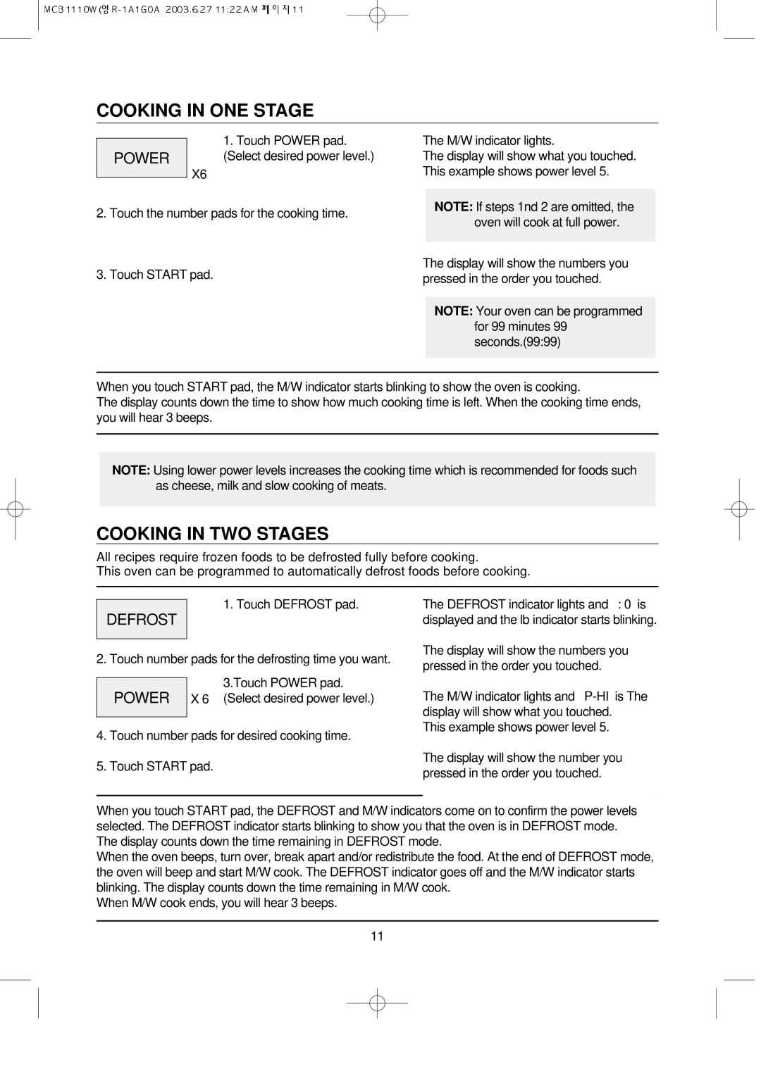 Magic Chef MCB1110W instruction manual Cooking in ONE Stage, Cooking in TWO Stages, Power 