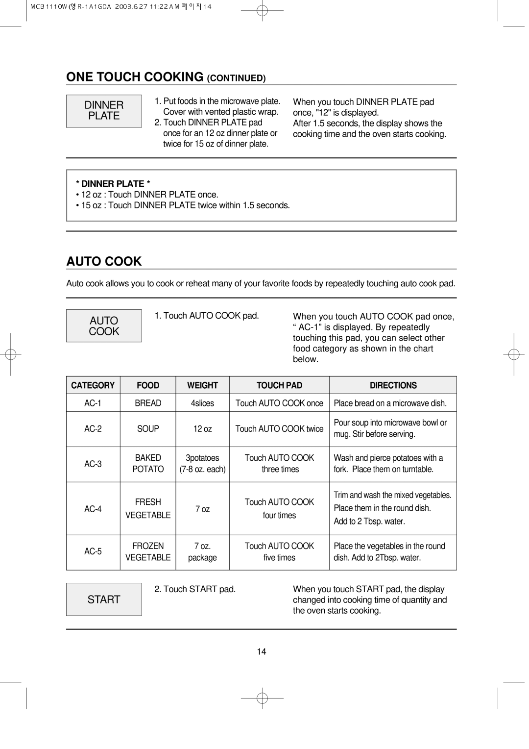 Magic Chef MCB1110W instruction manual Auto Cook, Dinner Plate, Start 