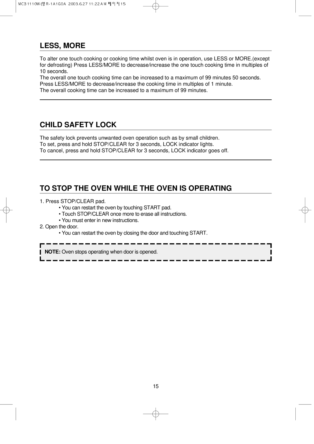 Magic Chef MCB1110W instruction manual LESS, More, Child Safety Lock, To Stop the Oven While the Oven is Operating 