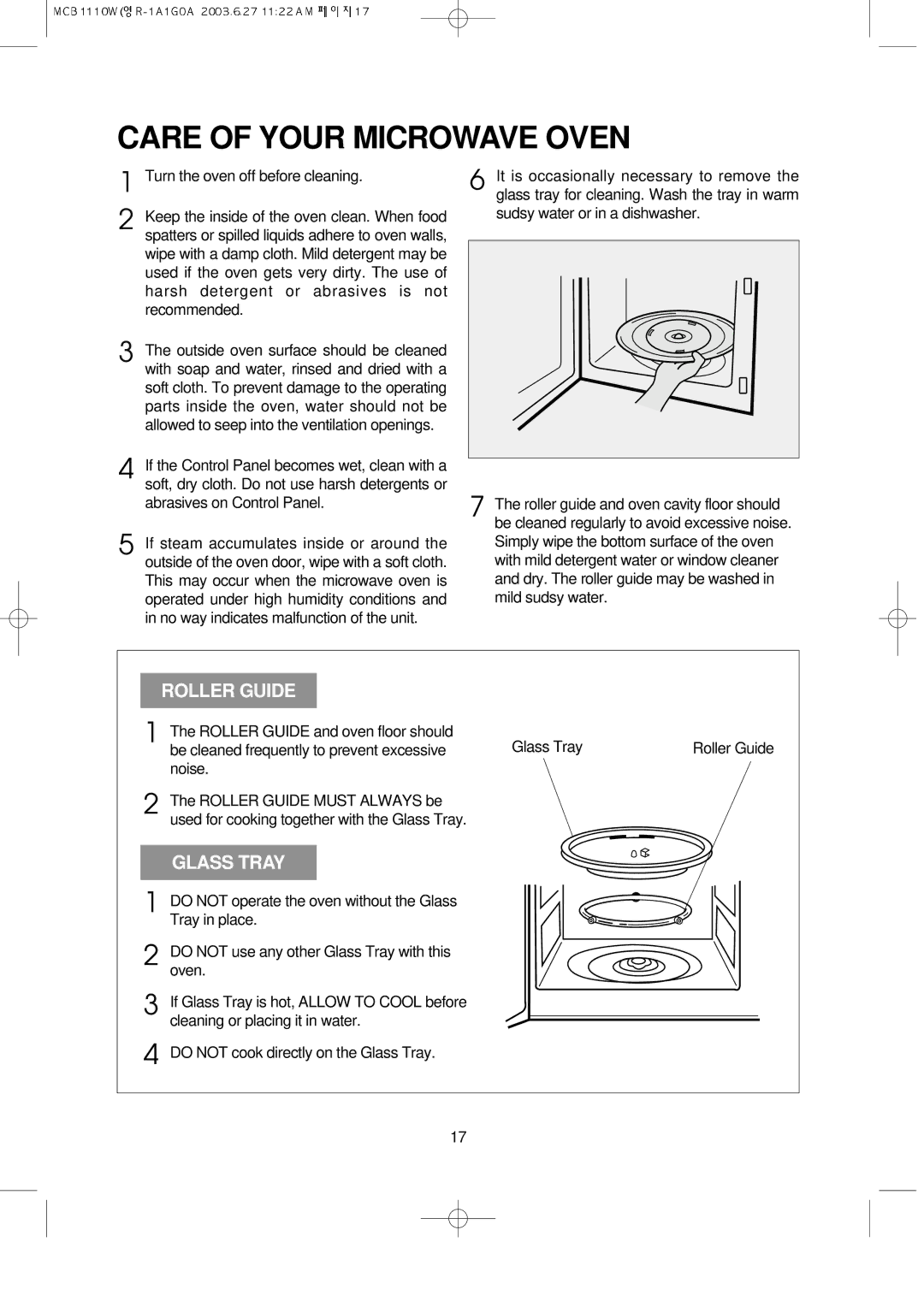 Magic Chef MCB1110W instruction manual Care of Your Microwave Oven, Roller Guide 