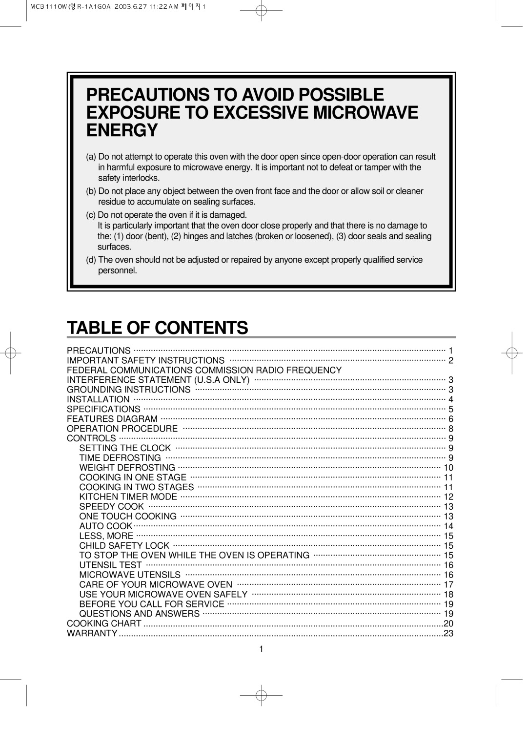 Magic Chef MCB1110W instruction manual Table of Contents 