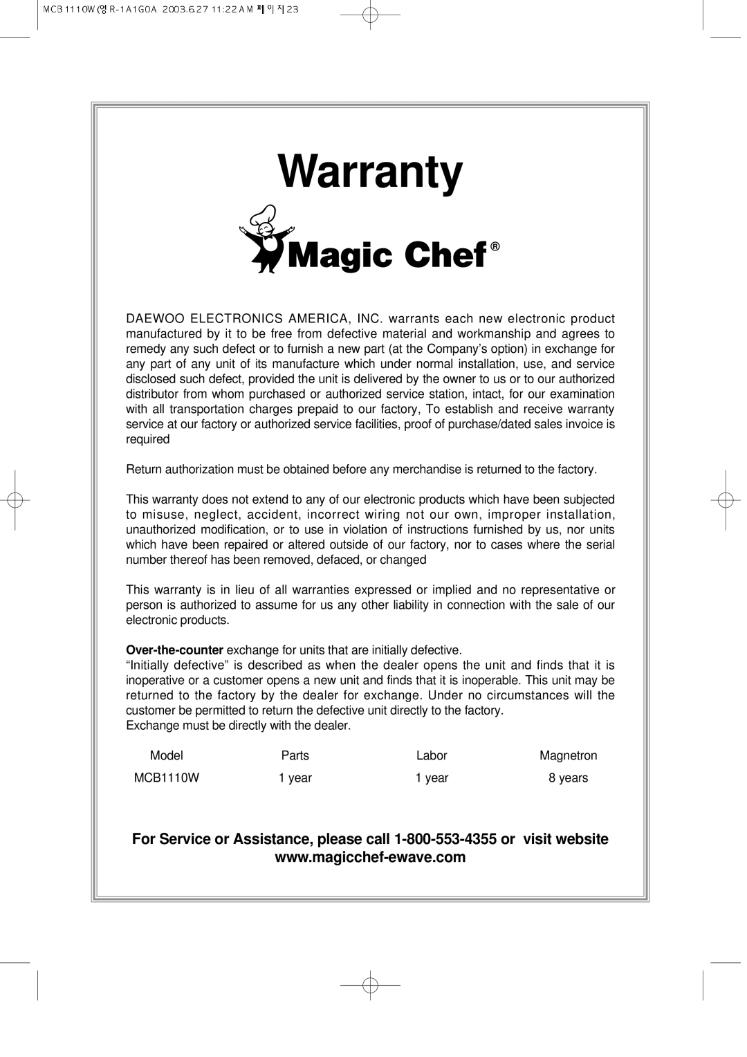 Magic Chef MCB1110W instruction manual Warranty 