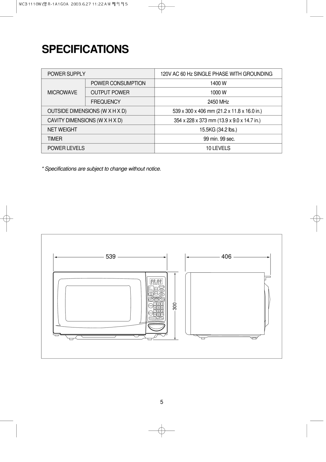 Magic Chef MCB1110W instruction manual Specifications, 539 406 