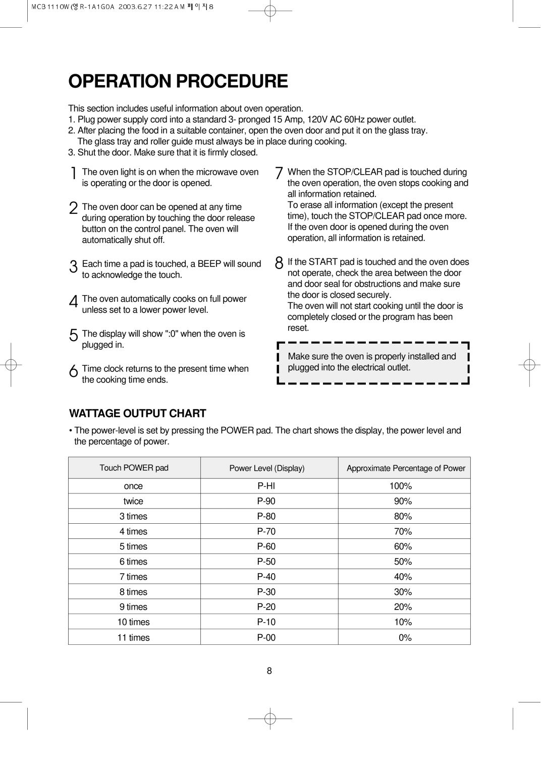 Magic Chef MCB1110W instruction manual Operation Procedure, Wattage Output Chart 