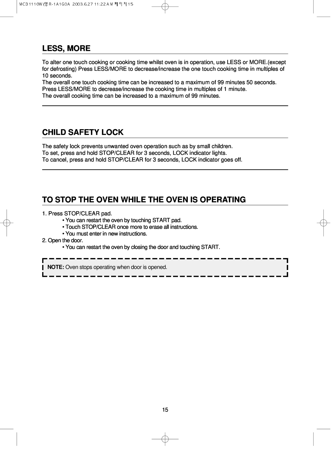 Magic Chef MCB1110W instruction manual Less, More, Child Safety Lock, To Stop The Oven While The Oven Is Operating 