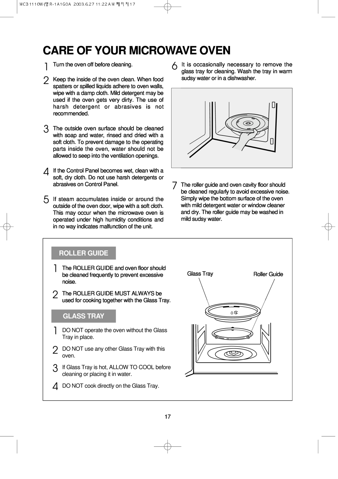 Magic Chef MCB1110W instruction manual Care Of Your Microwave Oven, Roller Guide, Glass Tray 