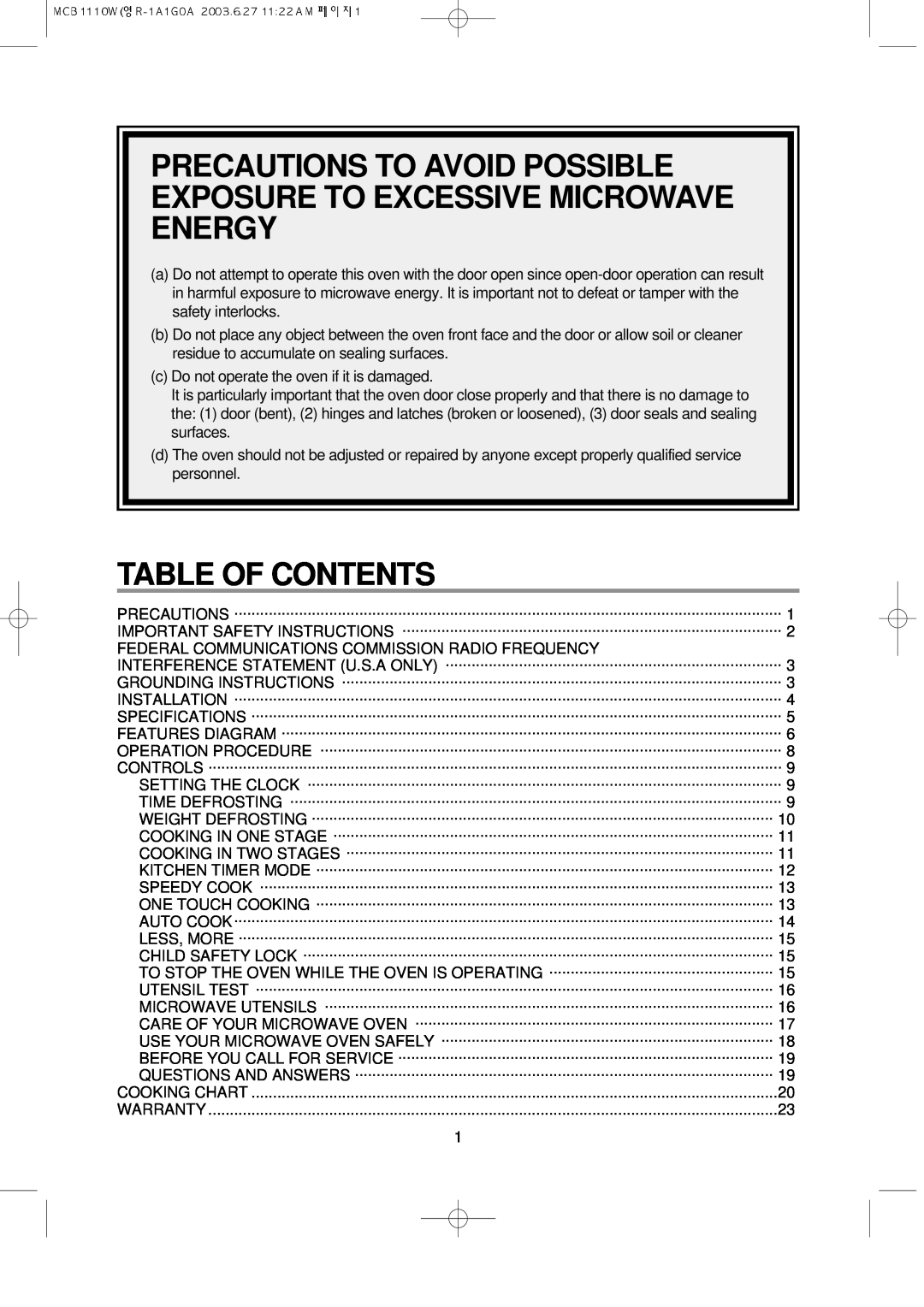 Magic Chef MCB1110W instruction manual Table Of Contents 