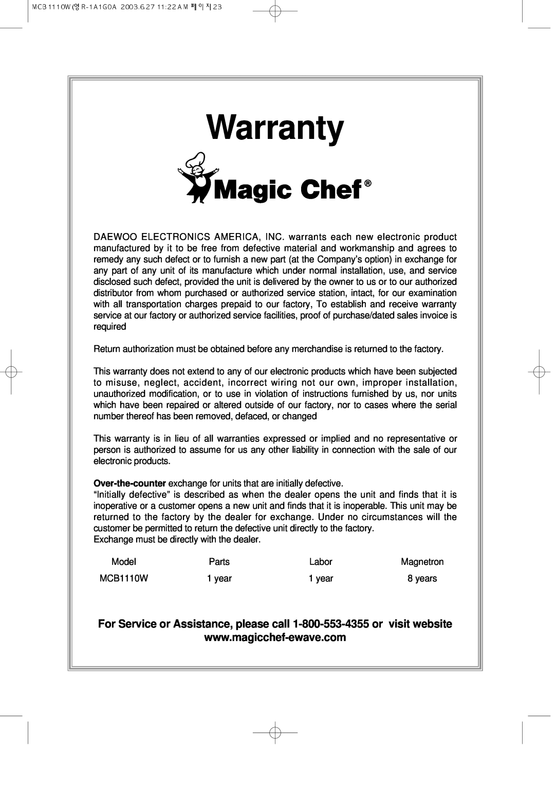 Magic Chef MCB1110W instruction manual Warranty 