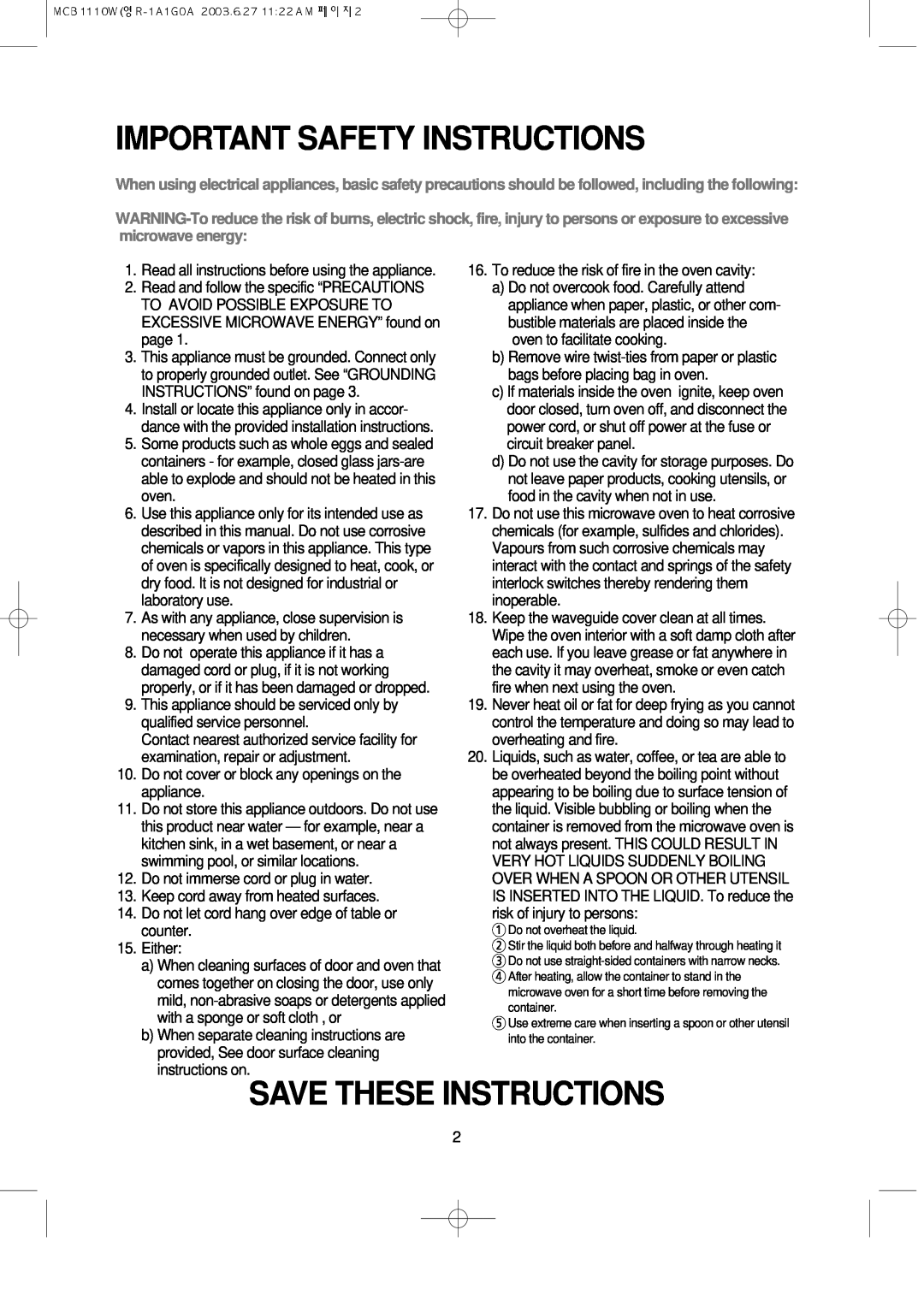 Magic Chef MCB1110W instruction manual Important Safety Instructions, Save These Instructions 