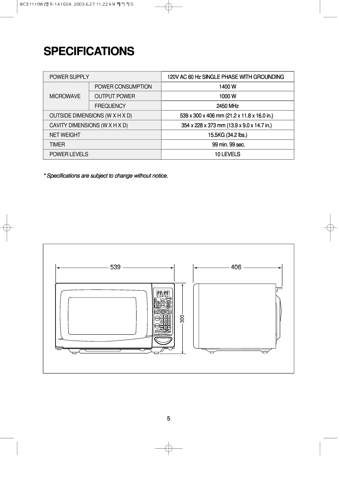 Magic Chef MCB1110W instruction manual Specifications 
