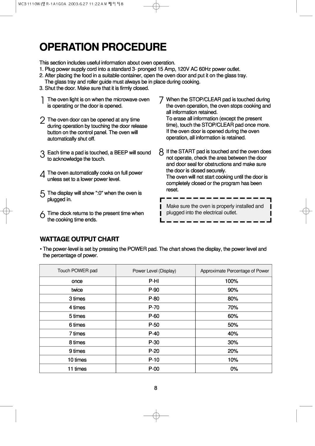 Magic Chef MCB1110W instruction manual Operation Procedure, Wattage Output Chart 