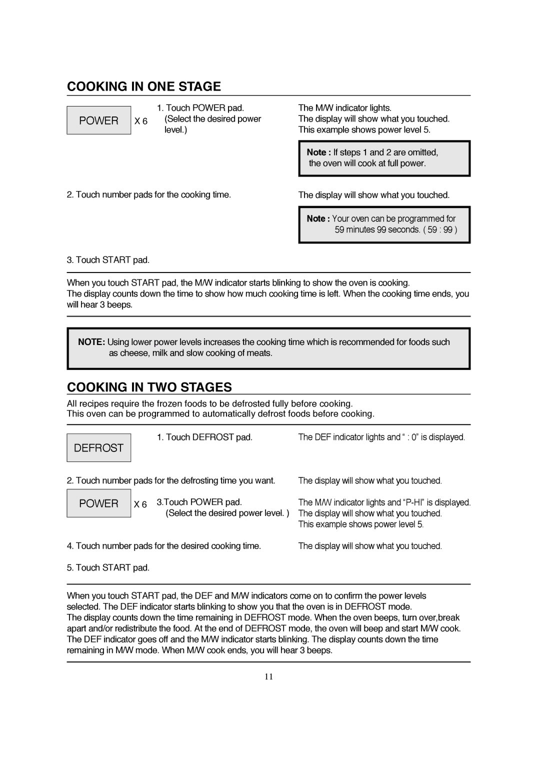 Magic Chef MCB770B instruction manual Cooking in ONE Stage, Cooking in TWO Stages, Power 