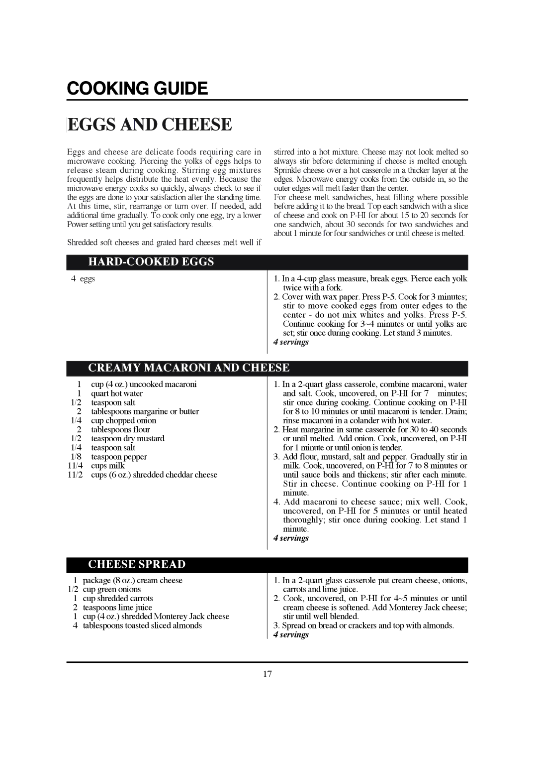 Magic Chef MCB770B instruction manual Eggs and Cheese, HARD-COOKED Eggs, Creamy Macaroni and Cheese, Cheese Spread 