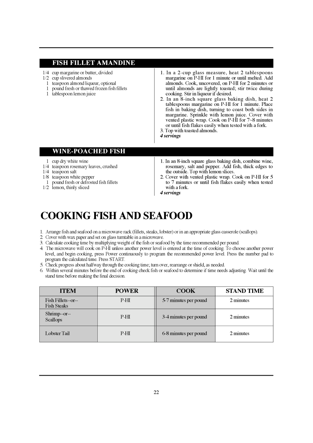 Magic Chef MCB770B instruction manual Cooking Fish and Seafood, Fish Fillet Amandine, WINE-POACHED Fish 