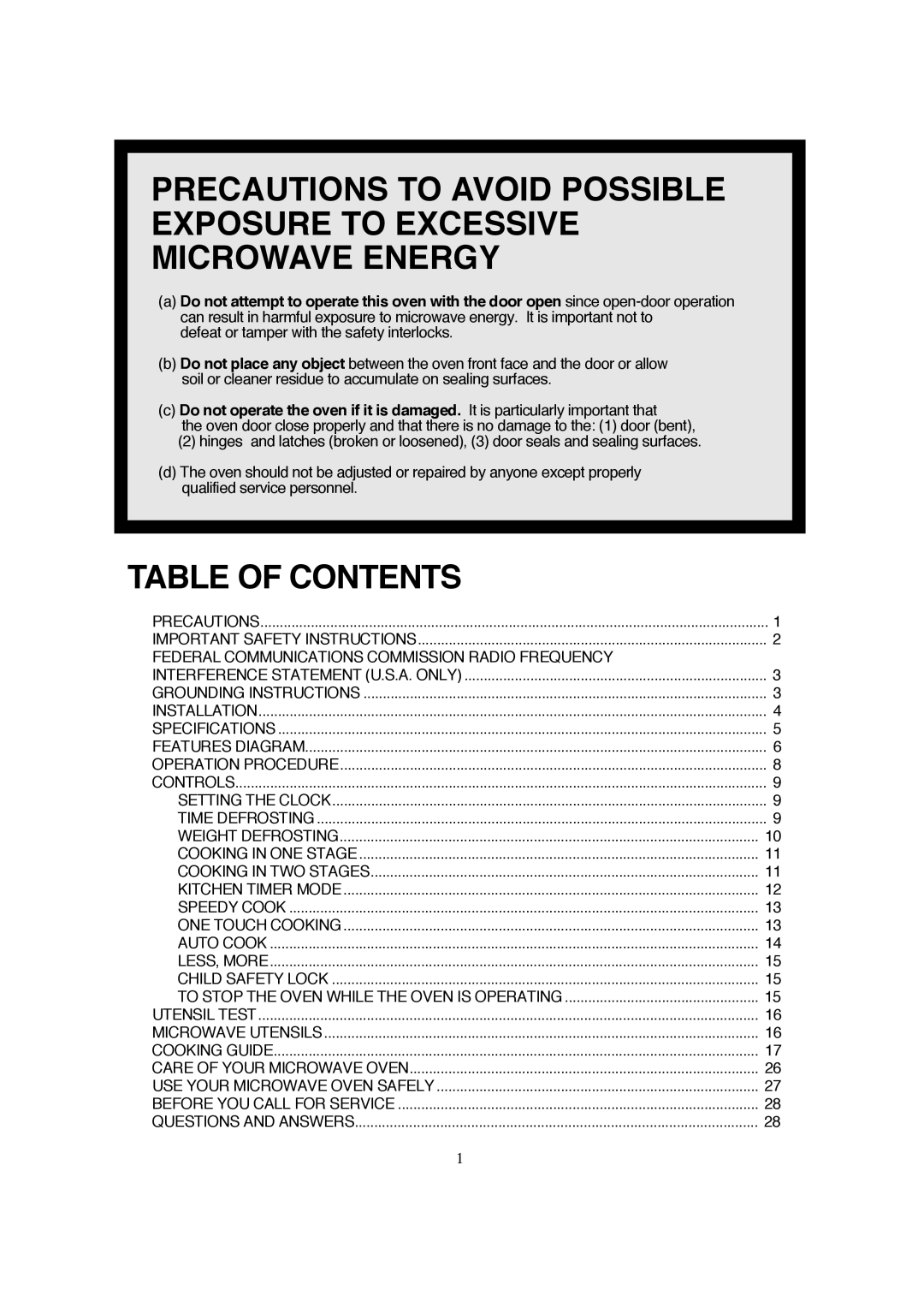 Magic Chef MCB770B Precautions To Avoid Possible Exposure To Excessive Microwave Energy, Table Of Contents 